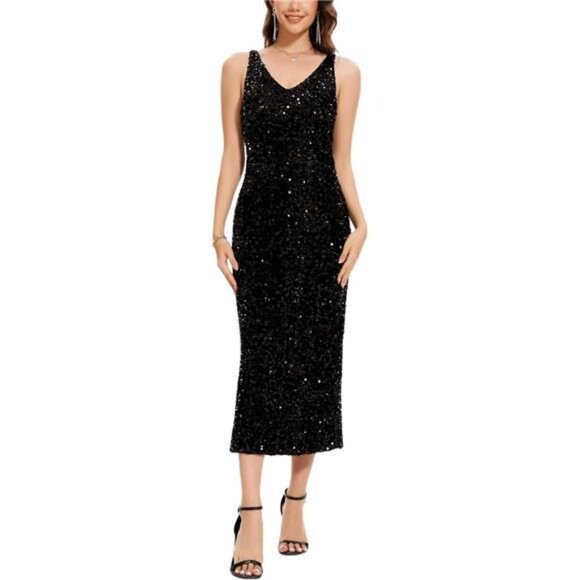 Women Sequin Dress Sleeveless V Neck A Line Black - Picture 1 of 5